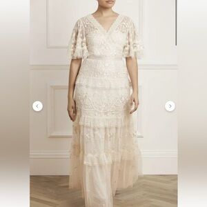 LIKE NEW! Needle & Thread Francine Gown - Cream with lace tiered design